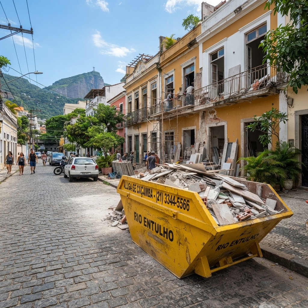 Caçamba amarela cheia de entulho em frente a uma obra no Rio de Janeiro