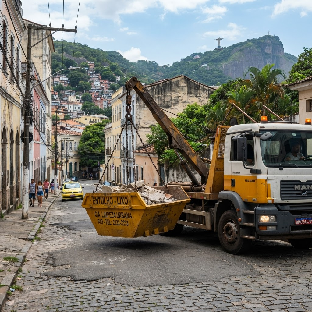 Caminhão entregando uma caçamba amarela em uma rua do Rio de Janeiro
